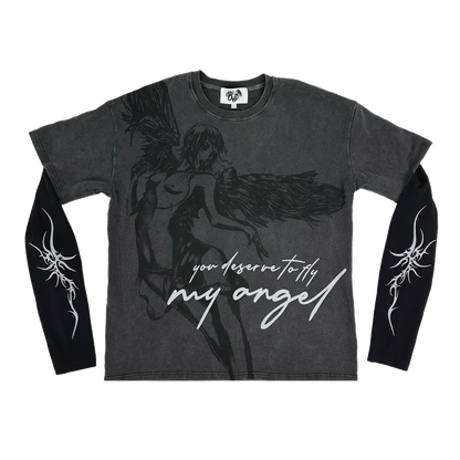 "ANGEL WASHED L/S THERMAL TEE" — BLACK