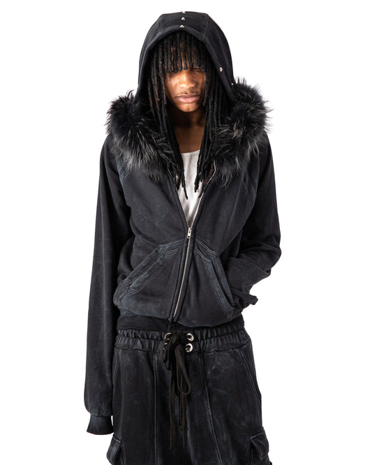 "OBSIDIA" FOX FUR WAXED ZIP UP