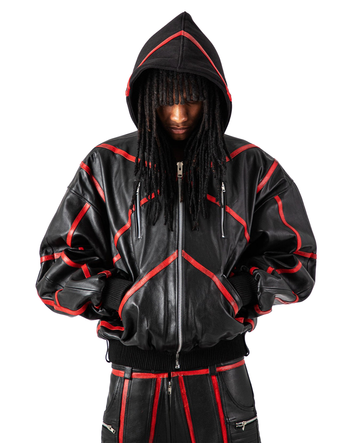 "PRYZM" LEATHER BOMBER - BLACK/RED