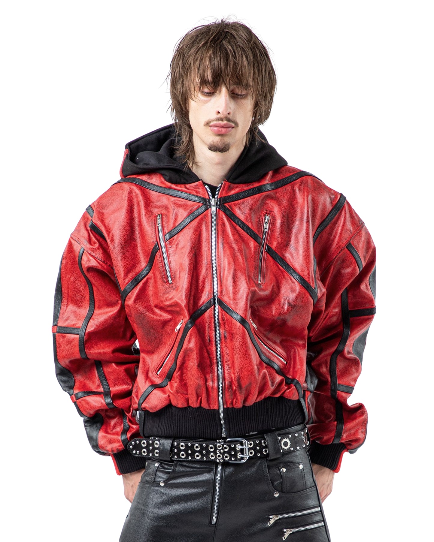 "PRYZM" 2-TONE LEATHER BOMBER - RED/BLACK