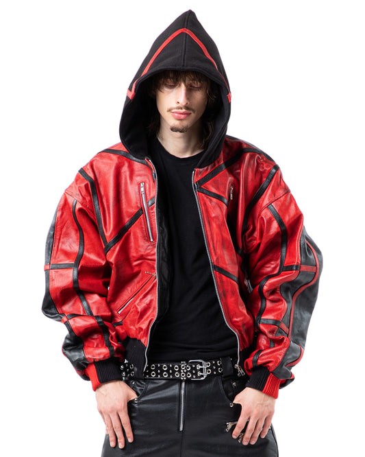 "PRYZM" 2-TONE LEATHER BOMBER - RED/BLACK