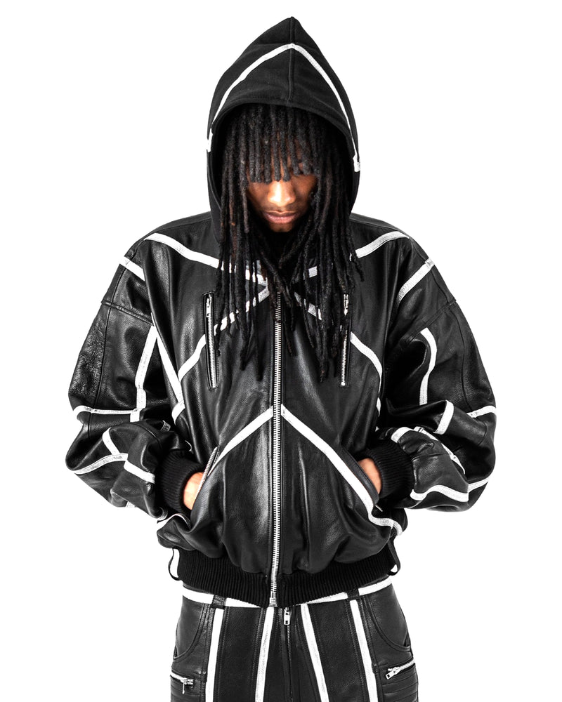 "PRYZM" LEATHER BOMBER - BLACK/WHITE