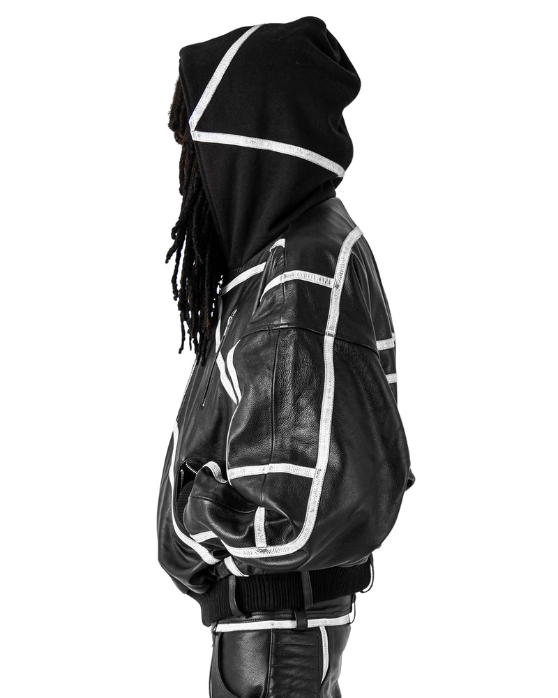 "PRYZM" LEATHER BOMBER - BLACK/WHITE