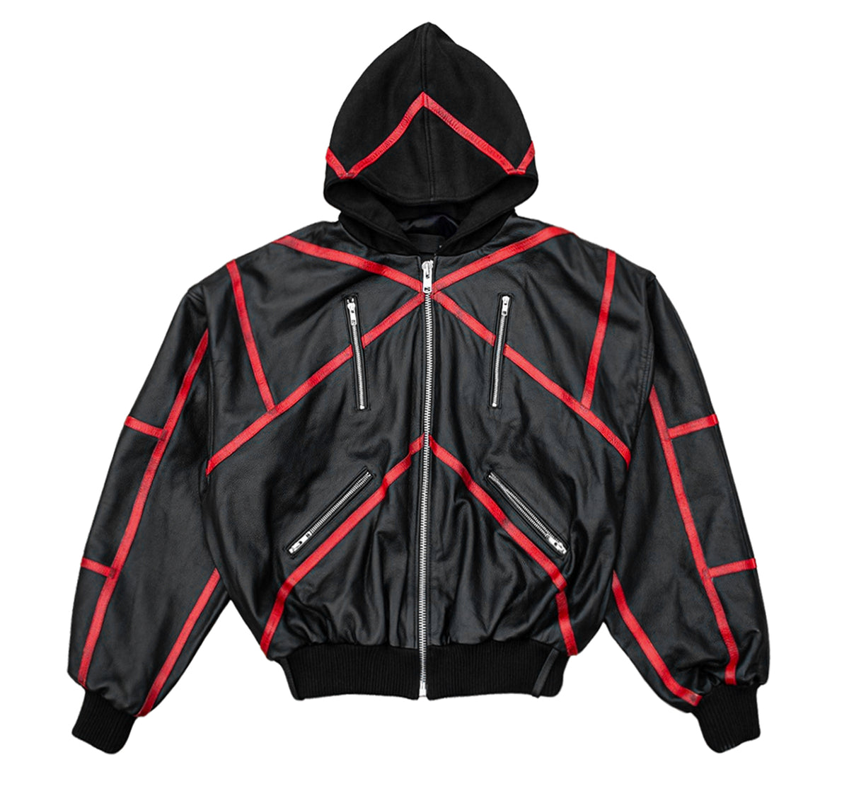 "PRYZM" LEATHER BOMBER - BLACK/RED