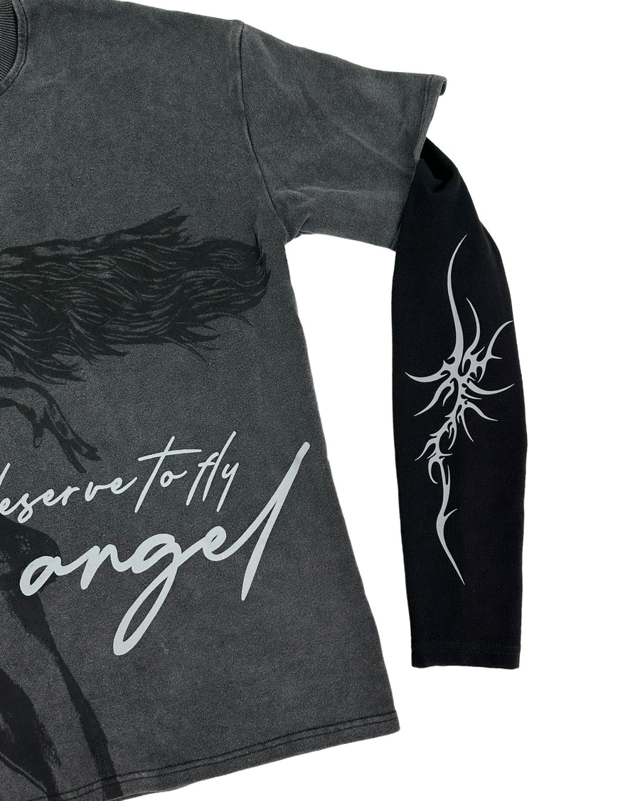 "ANGEL WASHED L/S THERMAL TEE" — BLACK